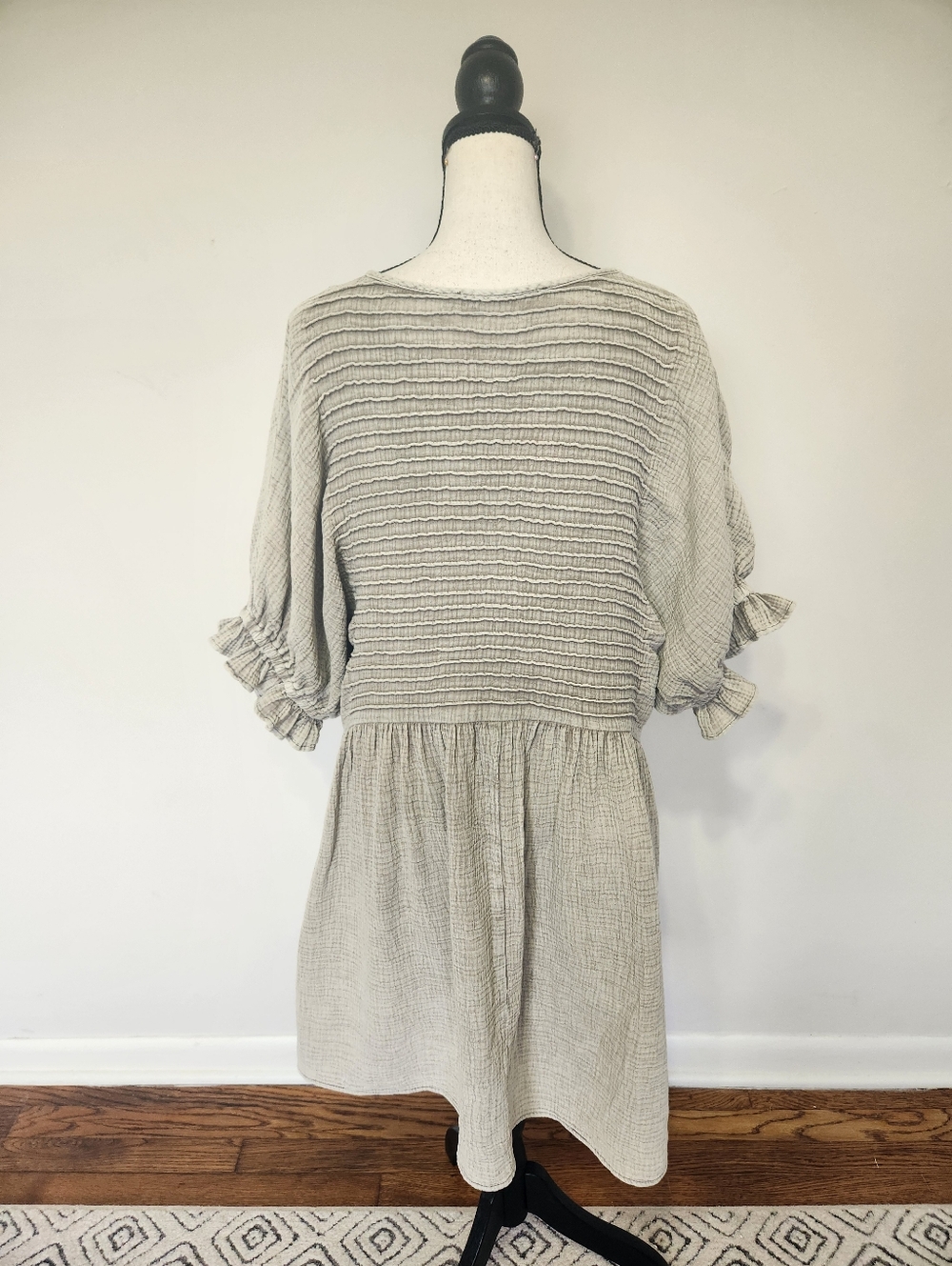 Three Bird Nest Mini Dress Quinn Puff Sleeve Oatmeal Boho Peasant Oversized S - Picture 10 of 16